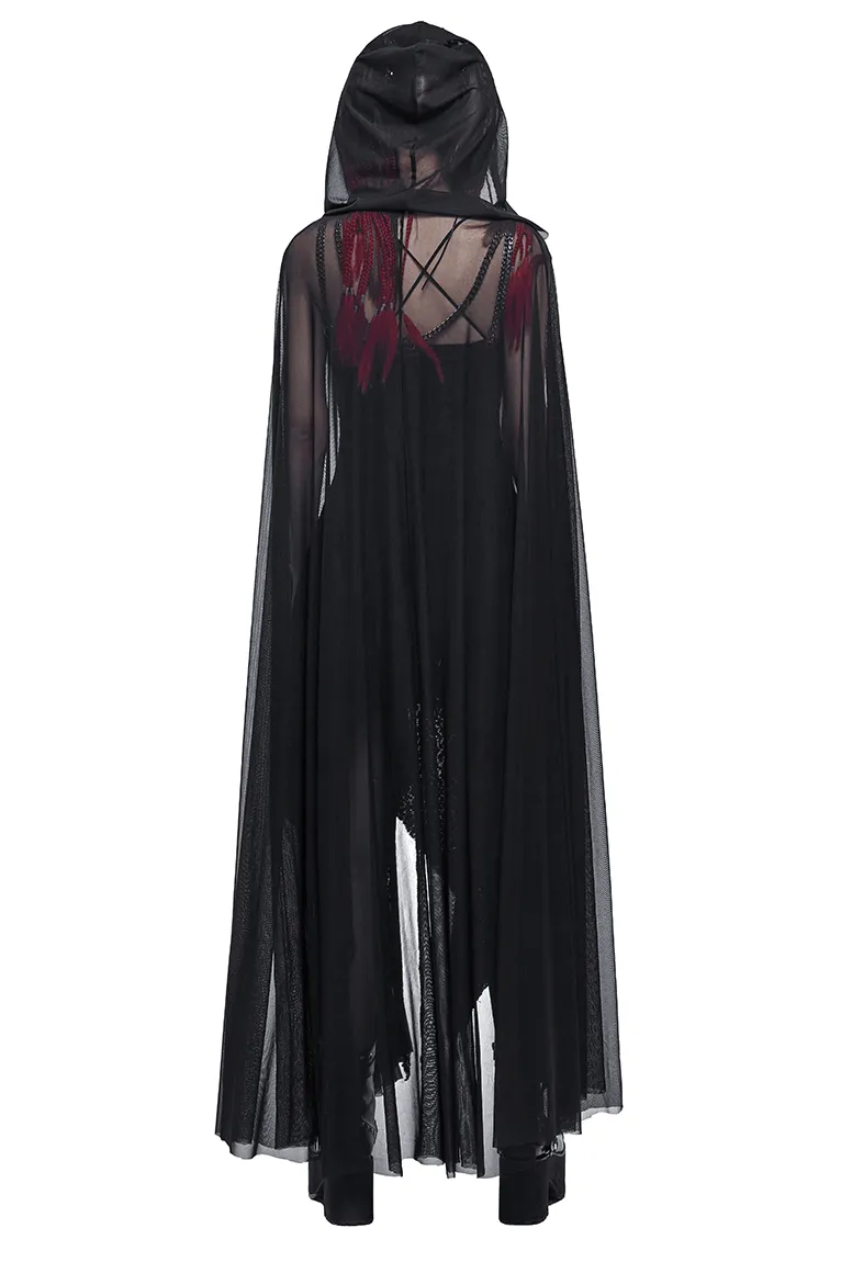 Gothic Long Cloak with Hood / Elegant Women's Buckles Sheer Cape / Black Cloak with Pentagram