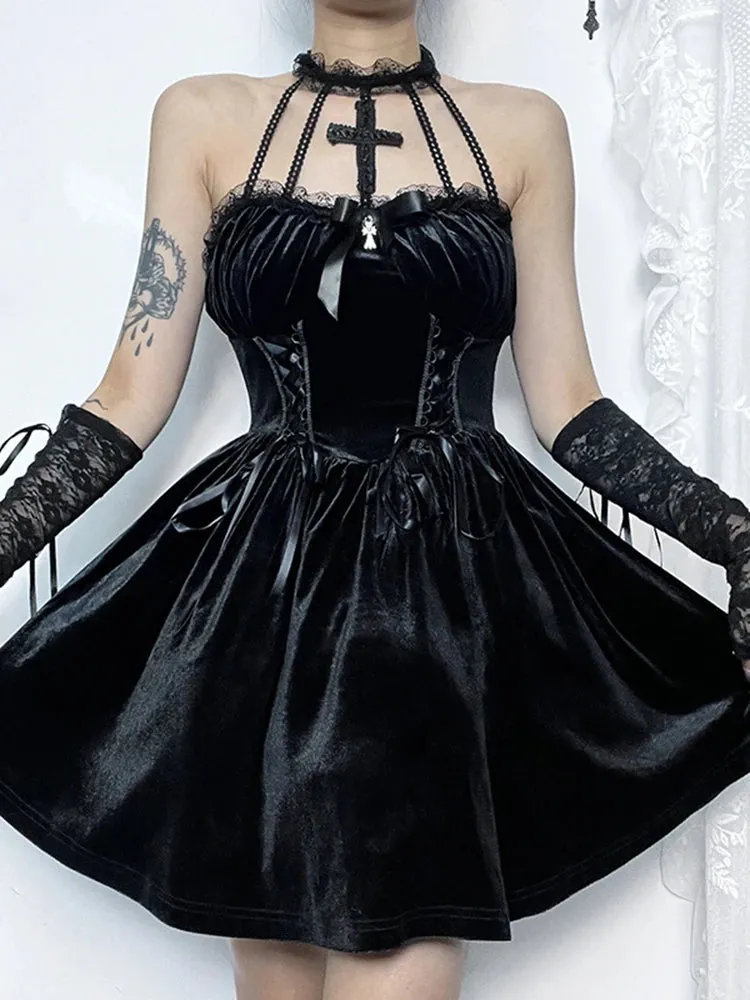 Gothic Velvet Criss-Cross Halter Vintage Draped Lace Backless A-Line Dress