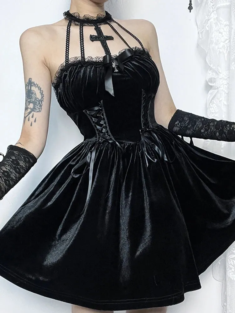 Gothic Velvet Criss-Cross Halter Vintage Draped Lace Backless A-Line Dress