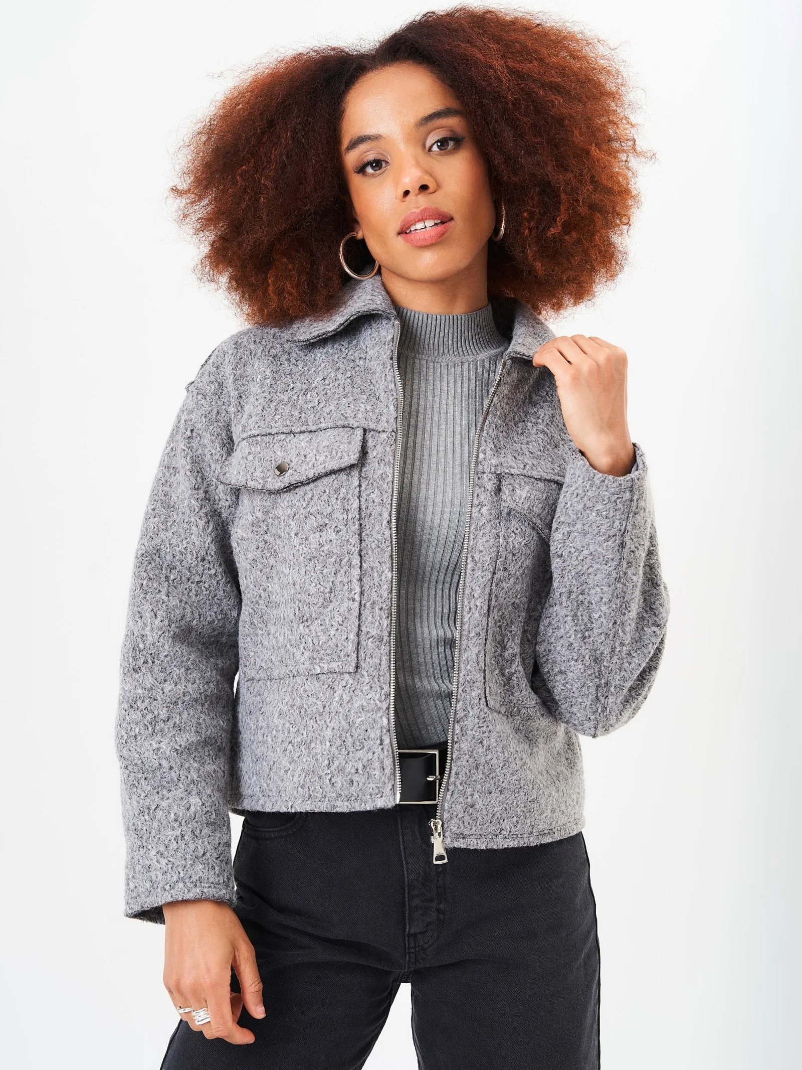 Grey Cropped Wool Blend Jacket