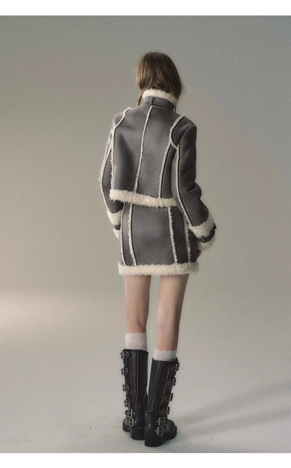 Grey Short Plush Shearling Jacket & Skirt Set