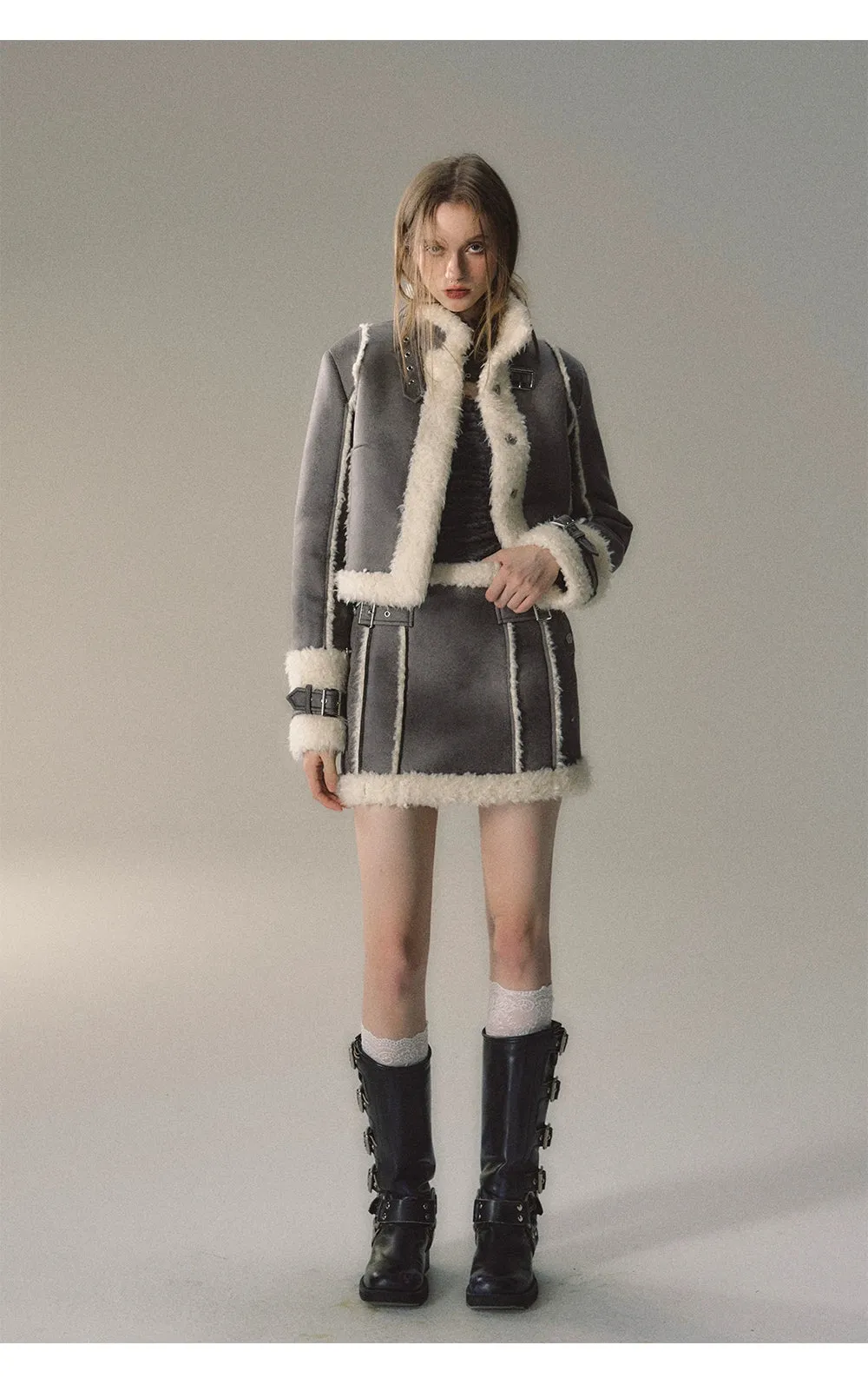 Grey Short Plush Shearling Jacket & Skirt Set