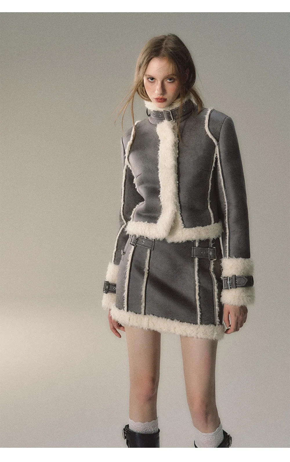 Grey Short Plush Shearling Jacket & Skirt Set