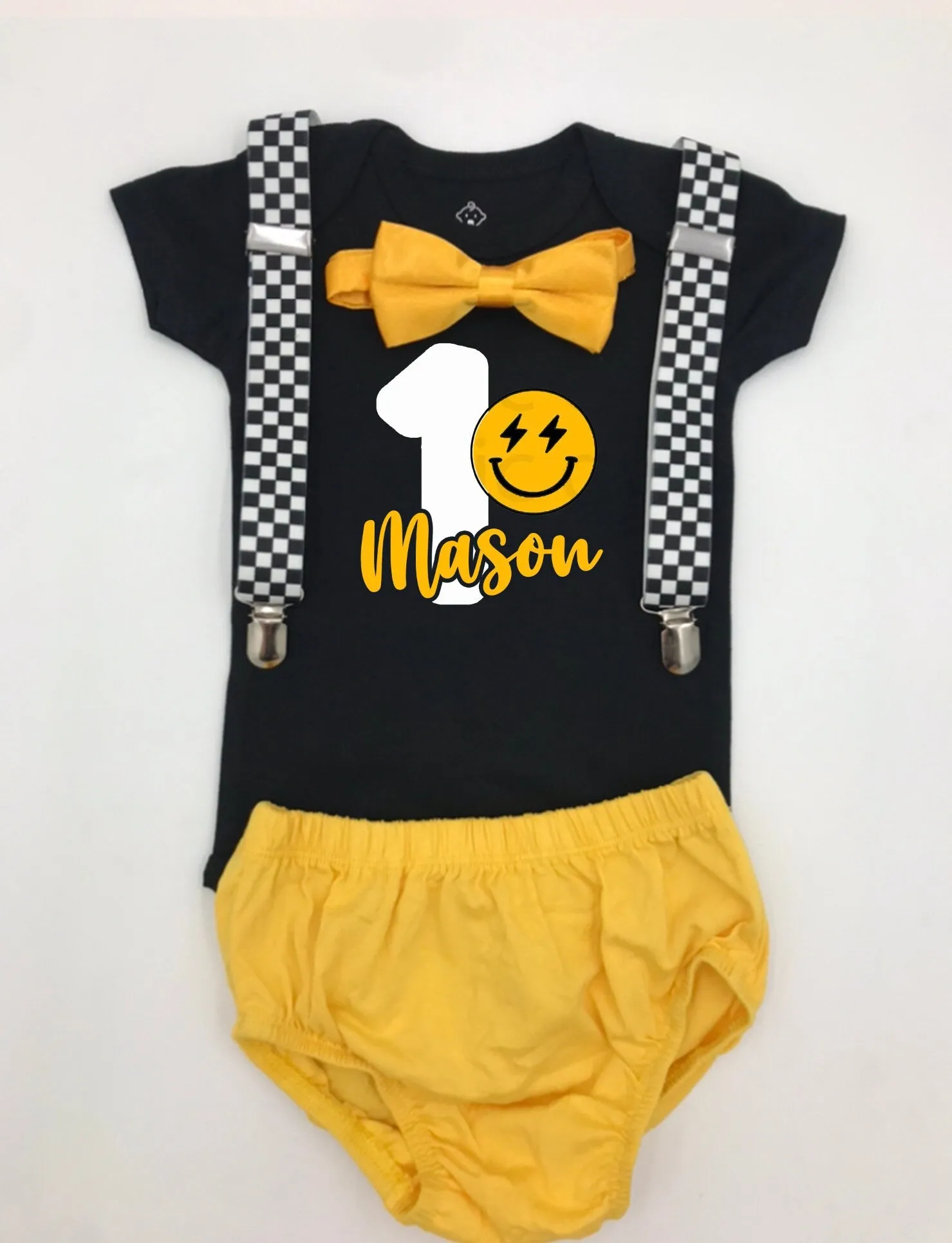 Happy One Smash the Cake,Boy Birthday Outfit, smiley face bodysuit, personalized baby gift, personalized birthday bodysuit.