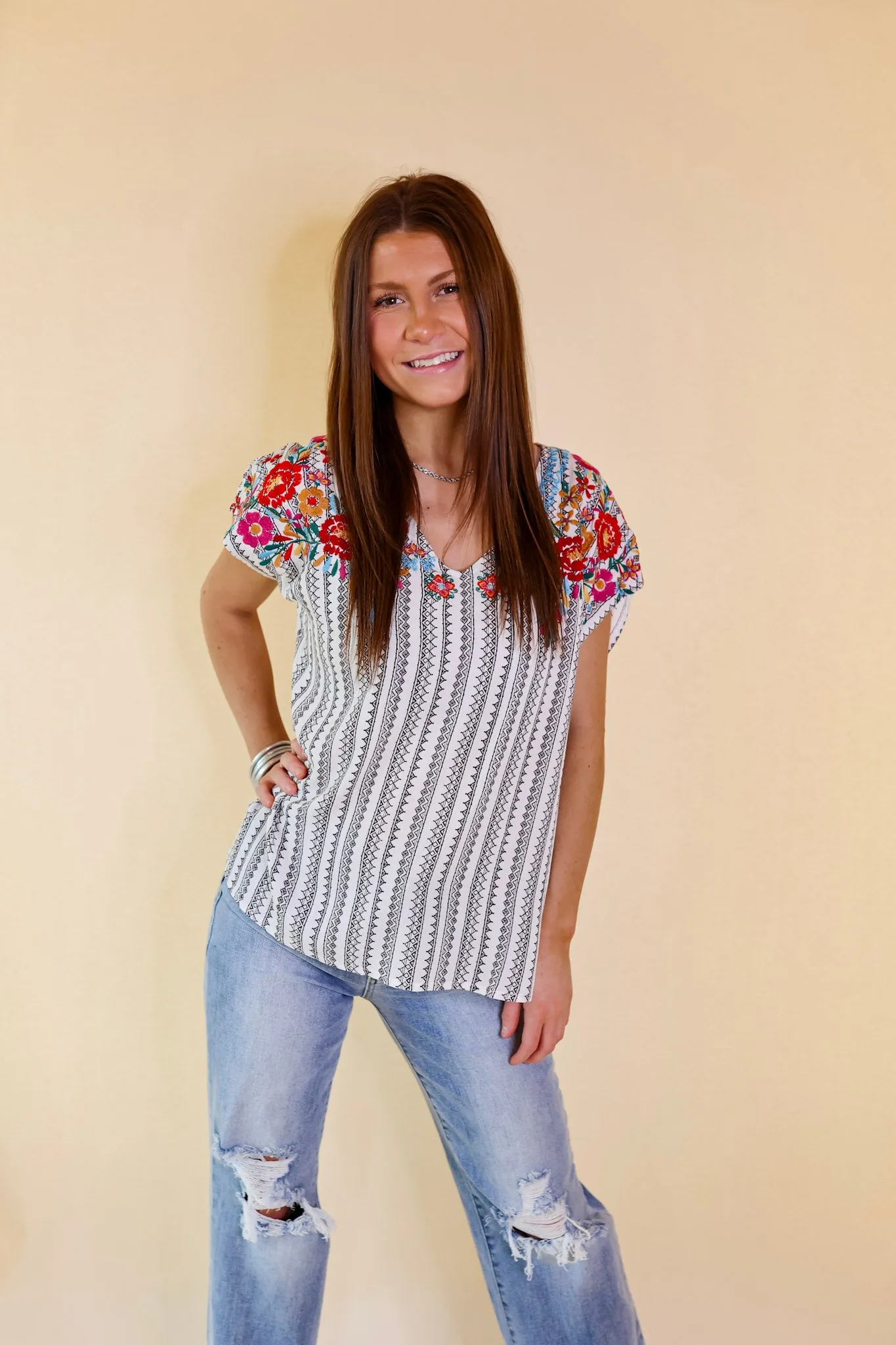 Happy Rush Tribal Stripe V Neck Top with Floral Embroidery in White