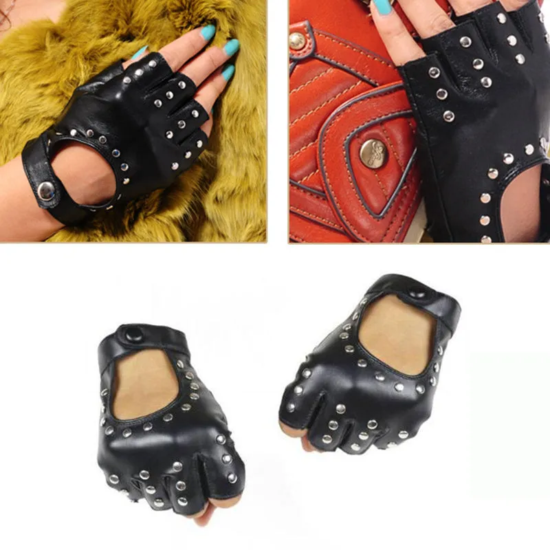 Heavy metal PU Leather Gloves with Rivets / Semi-Finger Cutout Fingerless Gloves in rock style