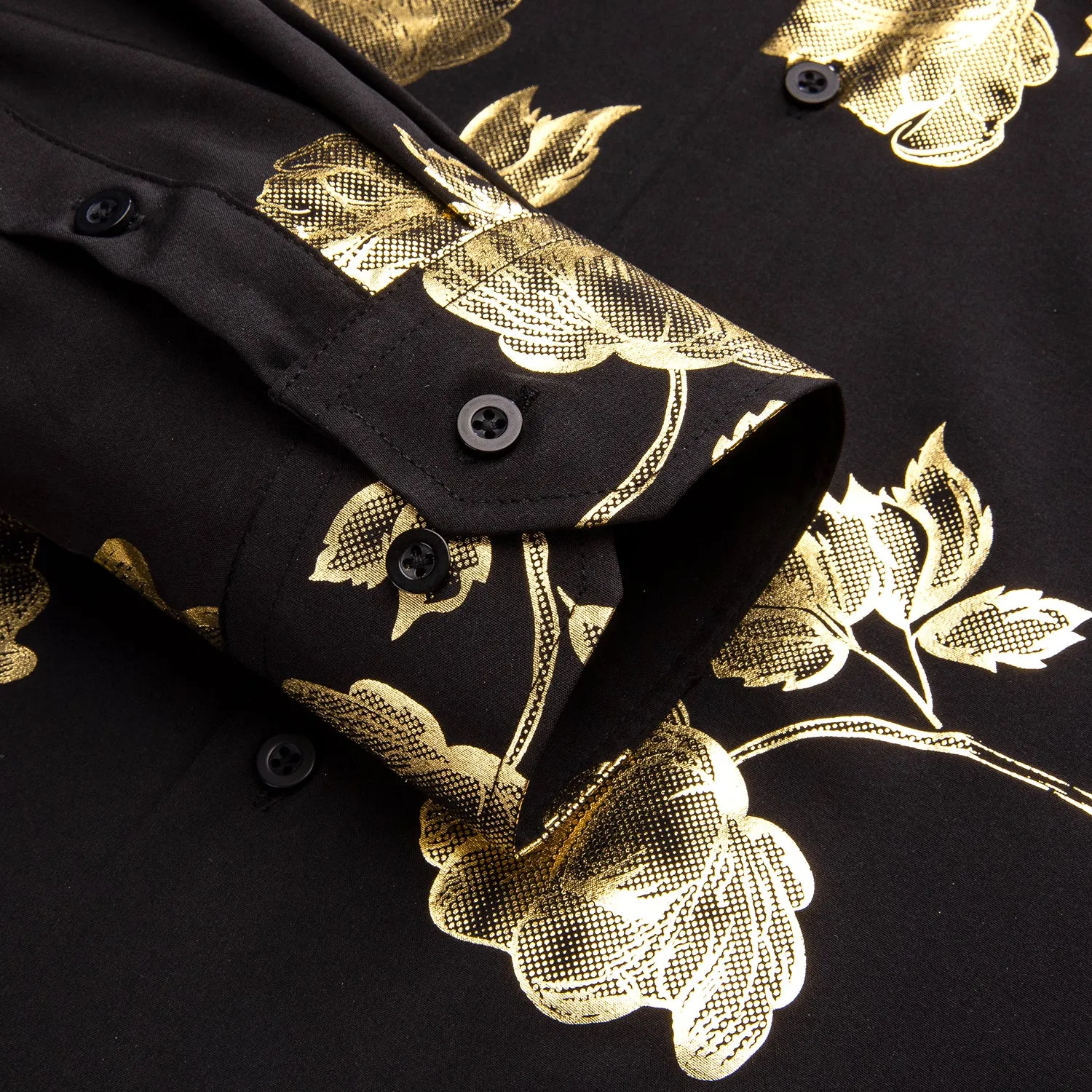 Hi-Tie Black Shirt Gold Floral Silk Men's Long Sleeve Shirt