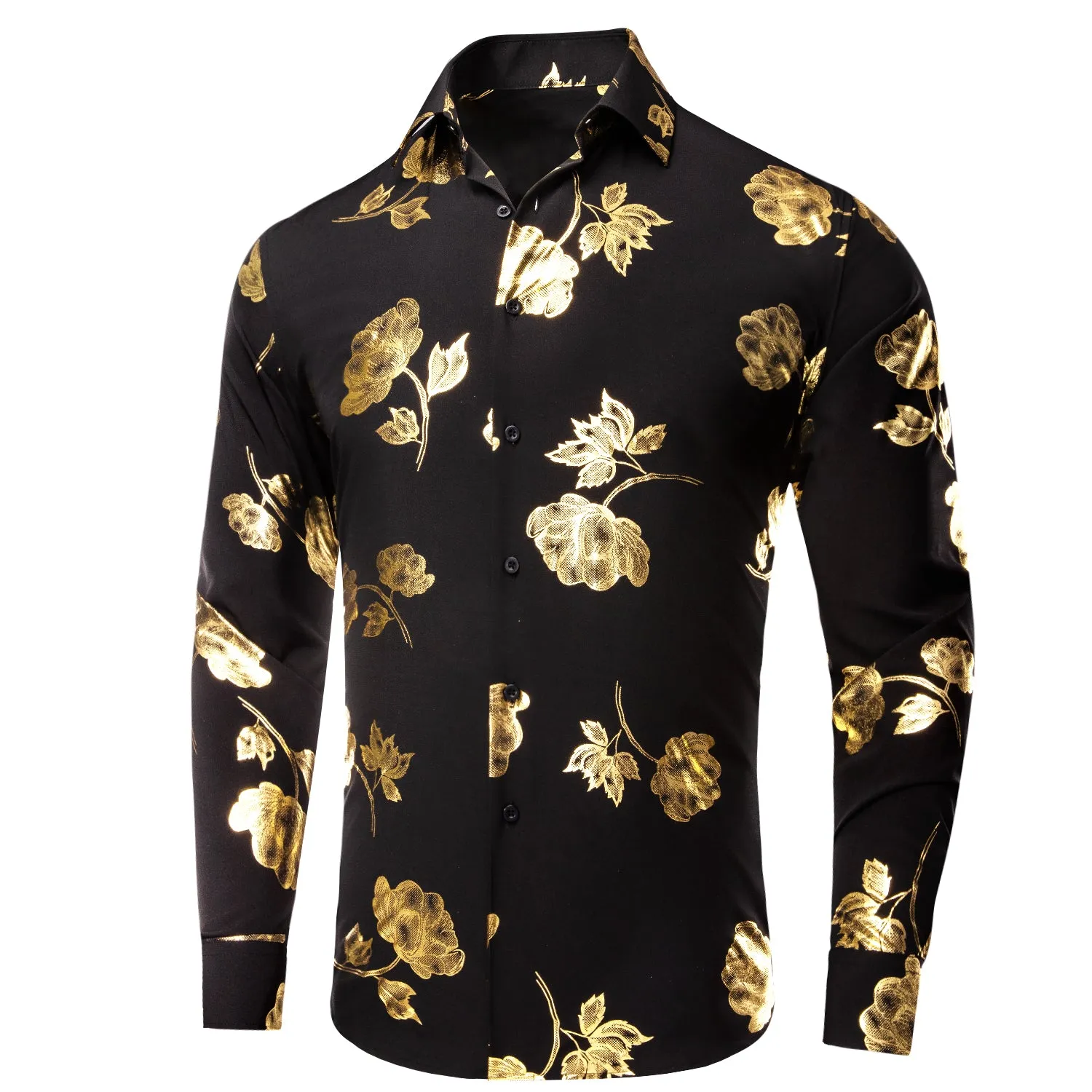 Hi-Tie Black Shirt Gold Floral Silk Men's Long Sleeve Shirt