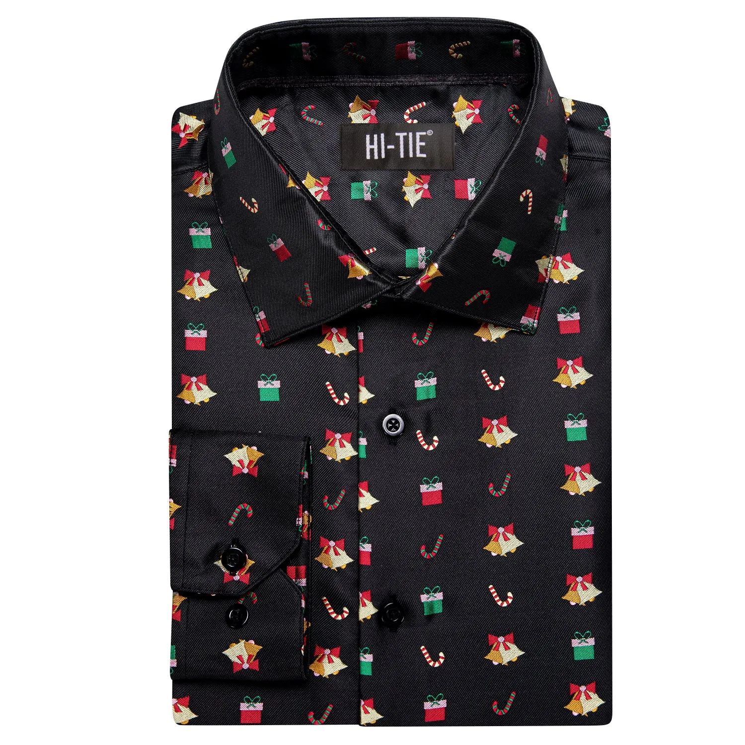 Hi-Tie Black Shirt Novelty Silk Long Sleeve Shirt Christmas Men's Top