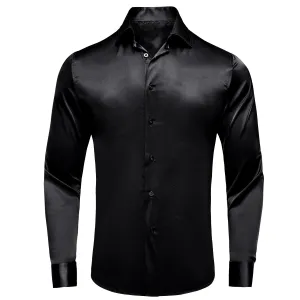 Hi-Tie Black Silk Shirt Solid Satin Men's Long Sleeve Dress Shirt