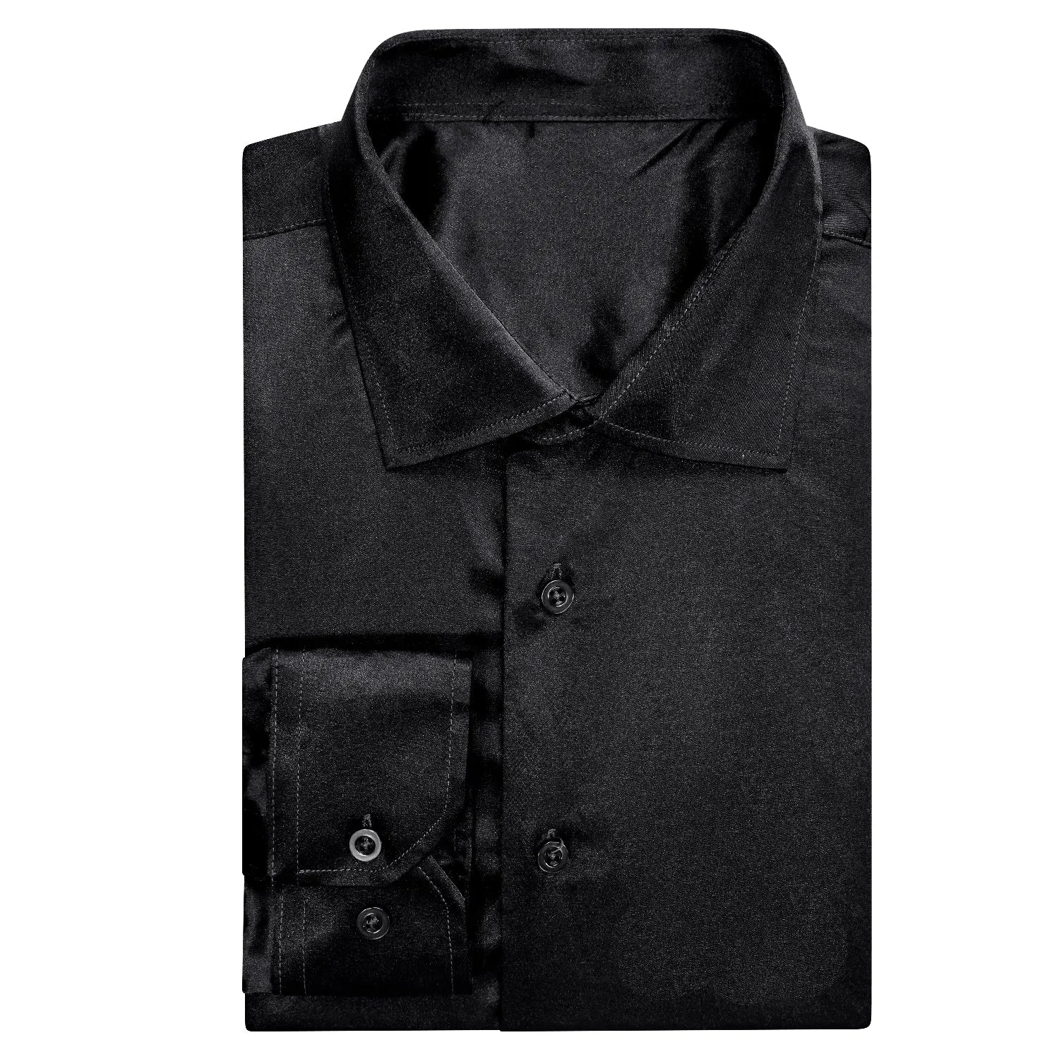 Hi-Tie Black Silk Shirt Solid Satin Men's Long Sleeve Dress Shirt