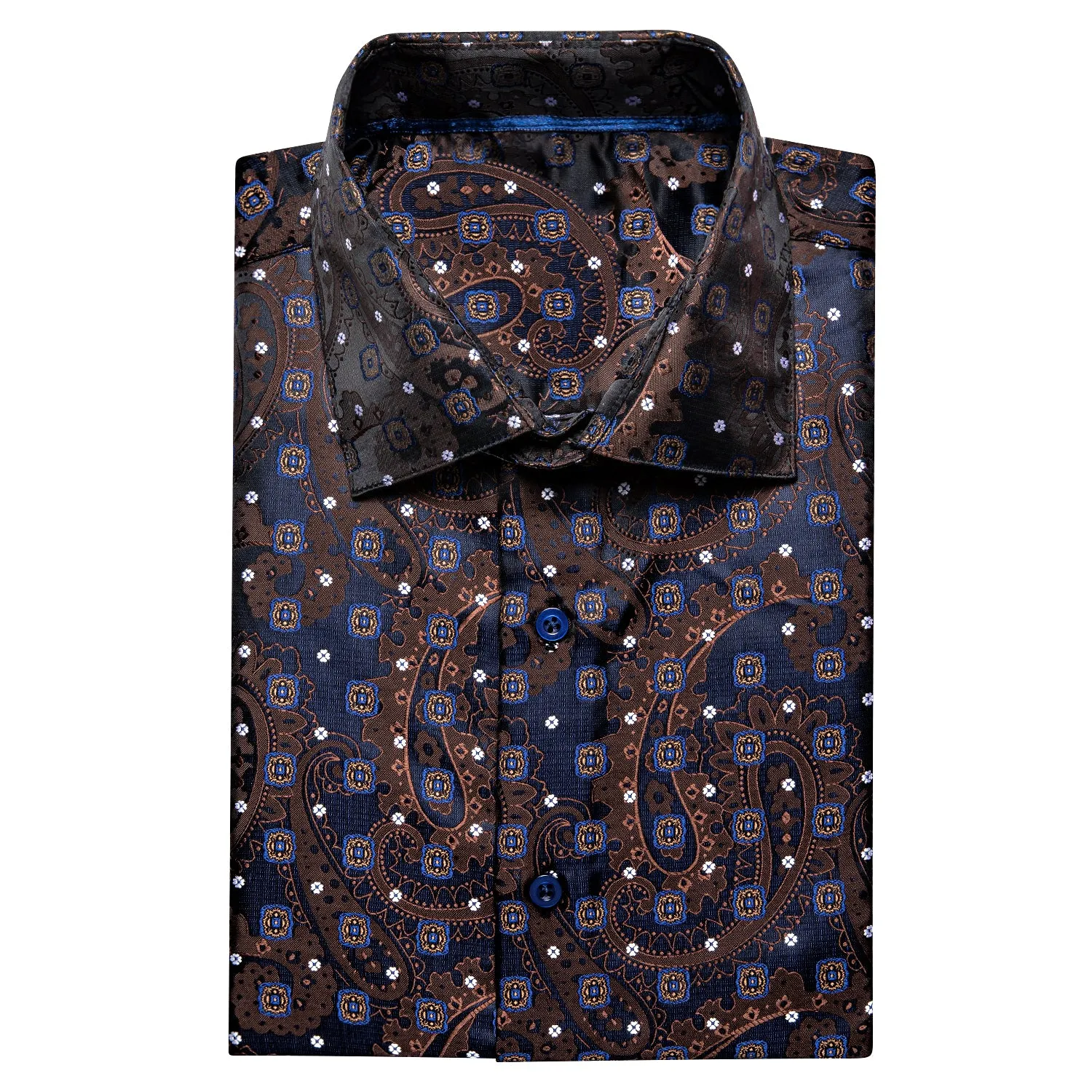 Hi-Tie Blue Brown Novelty Paisley Silk Men's Short Sleeve Dress Shirt