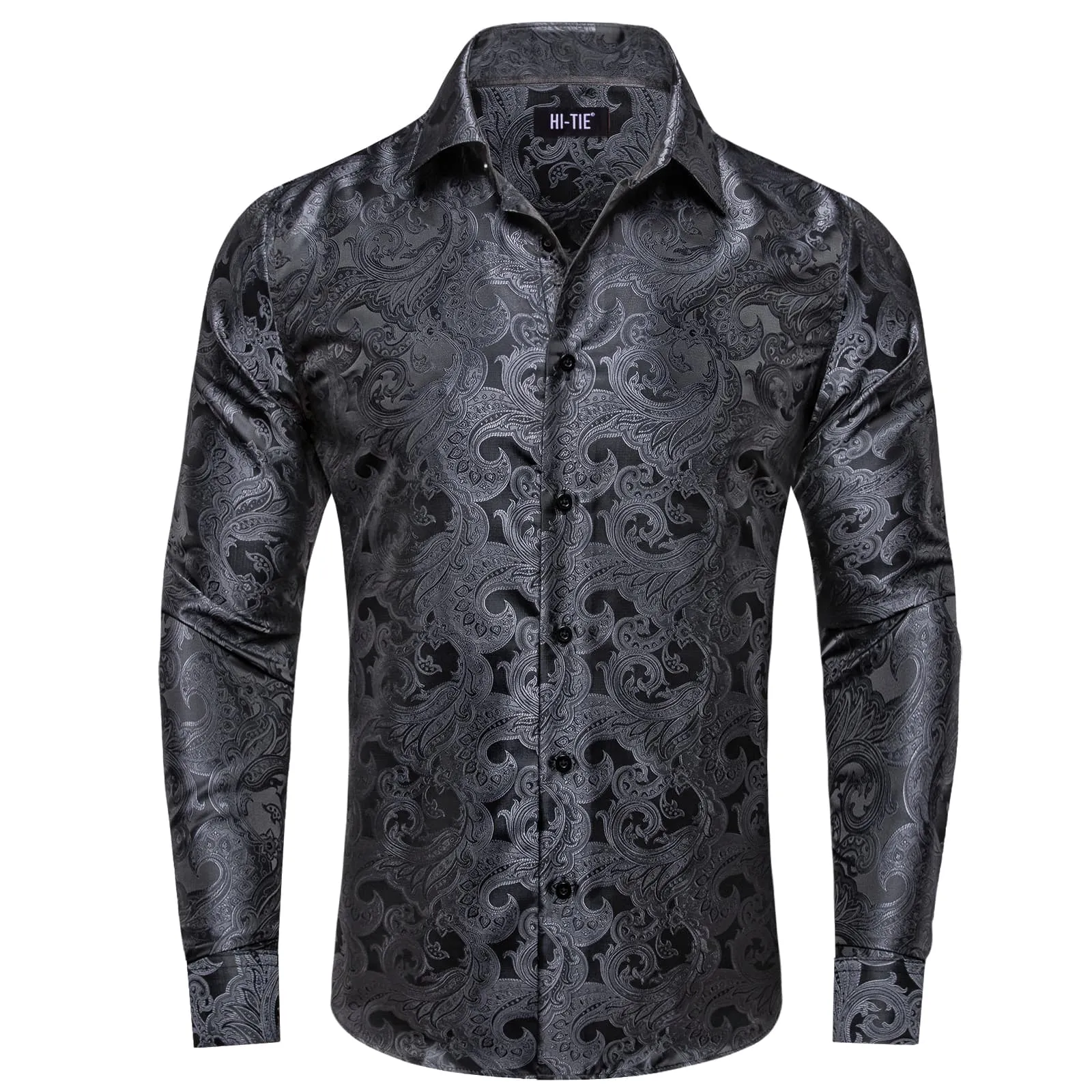 Hi-Tie Classic Black Floral Pattern Silk Mens Long Sleeve Shirt