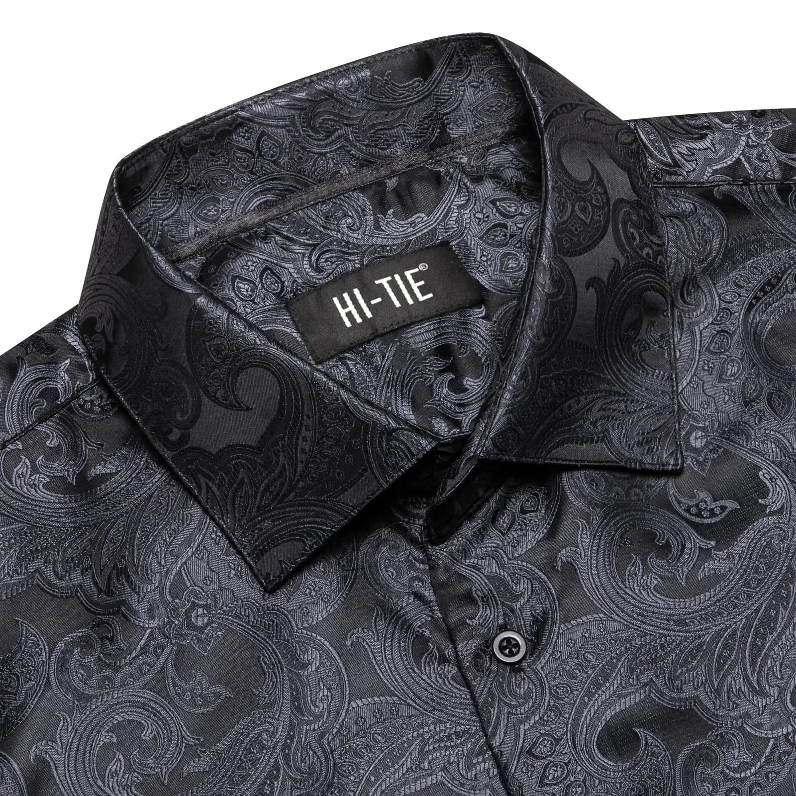 Hi-Tie Classic Black Floral Pattern Silk Mens Long Sleeve Shirt