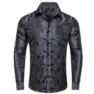 Hi-Tie Classic Black Floral Pattern Silk Mens Long Sleeve Shirt