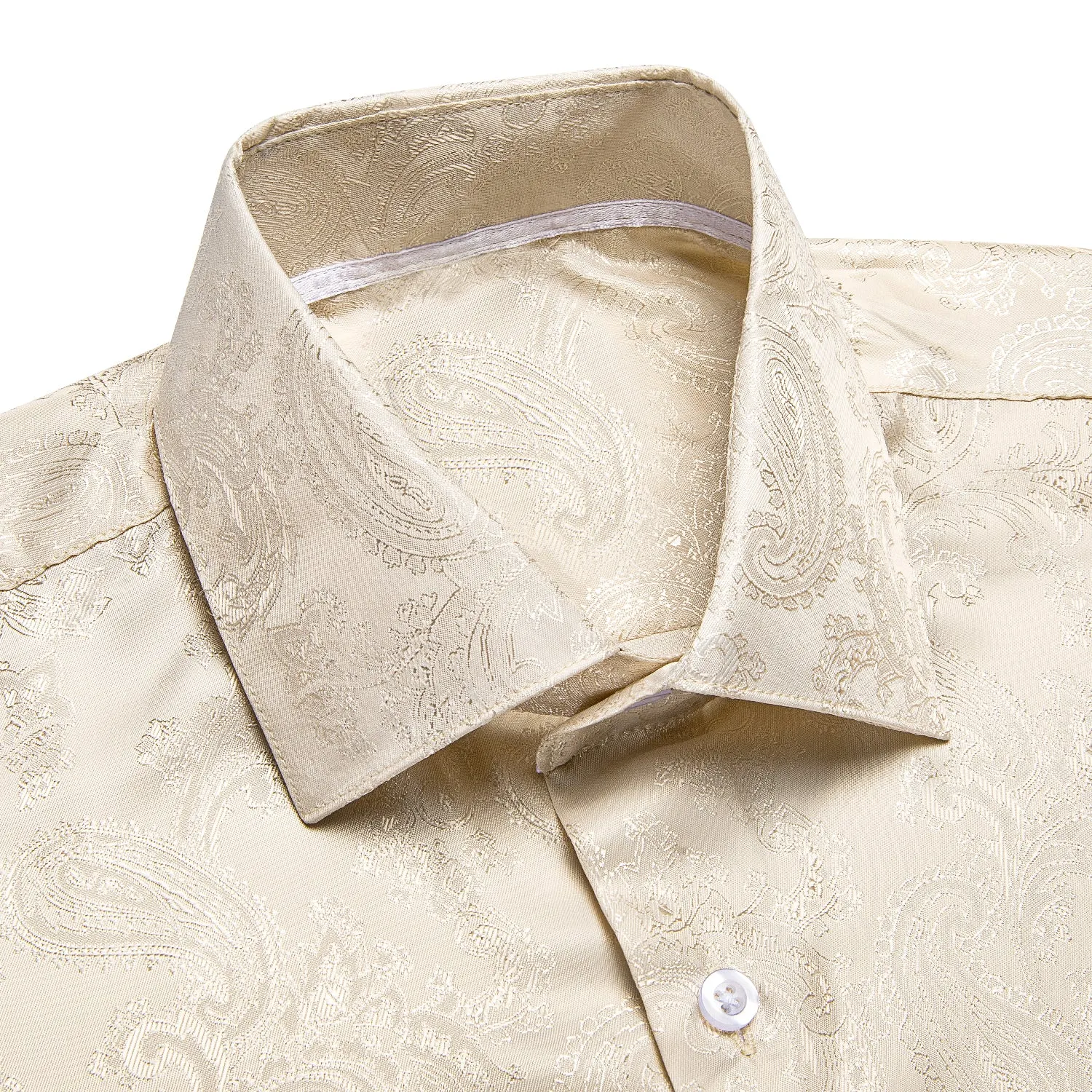 Hi-Tie Cream White Wedding Shirt Beige Paisley Silk Men's Dress Shirt