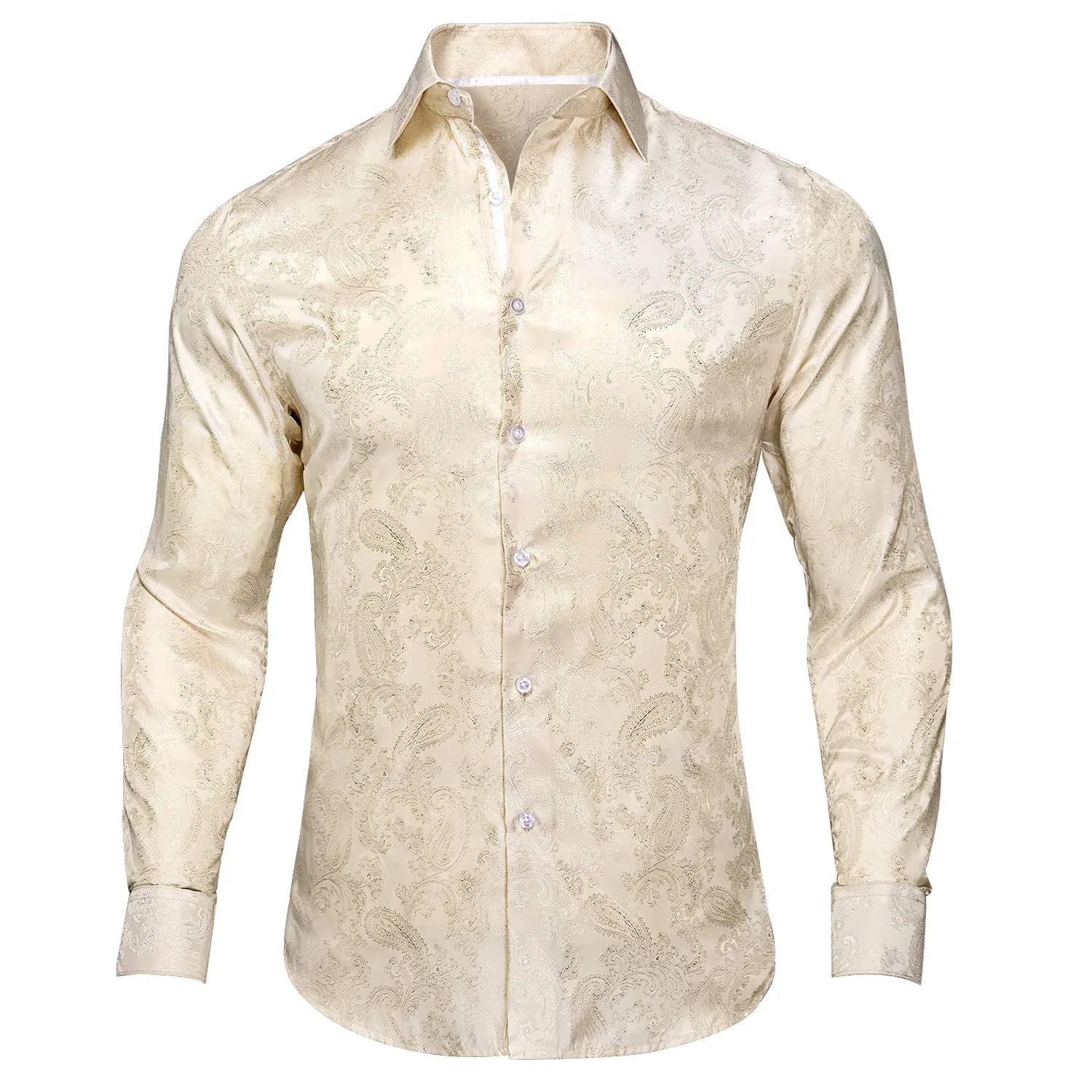 Hi-Tie Cream White Wedding Shirt Beige Paisley Silk Men's Dress Shirt