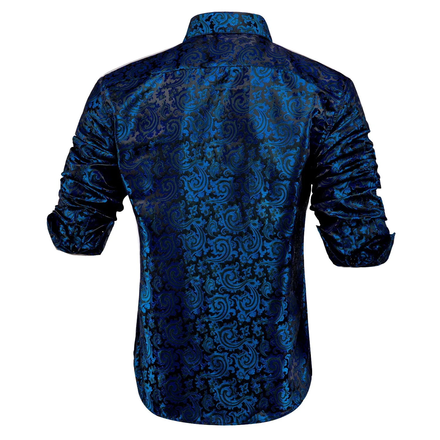 Hi-Tie Dark Blue Wedding Men's Top Black Paisley Button Down Shirt