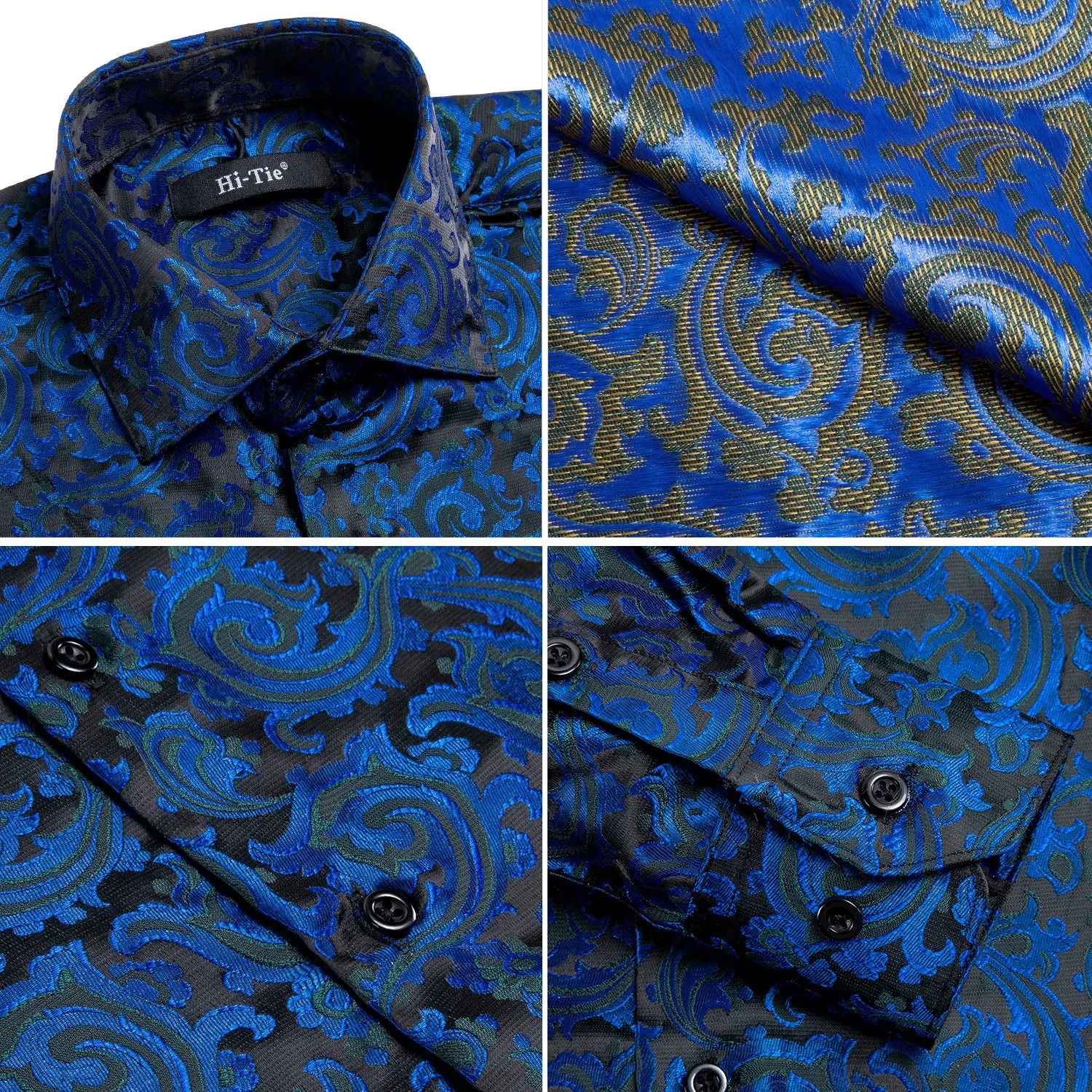 Hi-Tie Dark Blue Wedding Men's Top Black Paisley Button Down Shirt