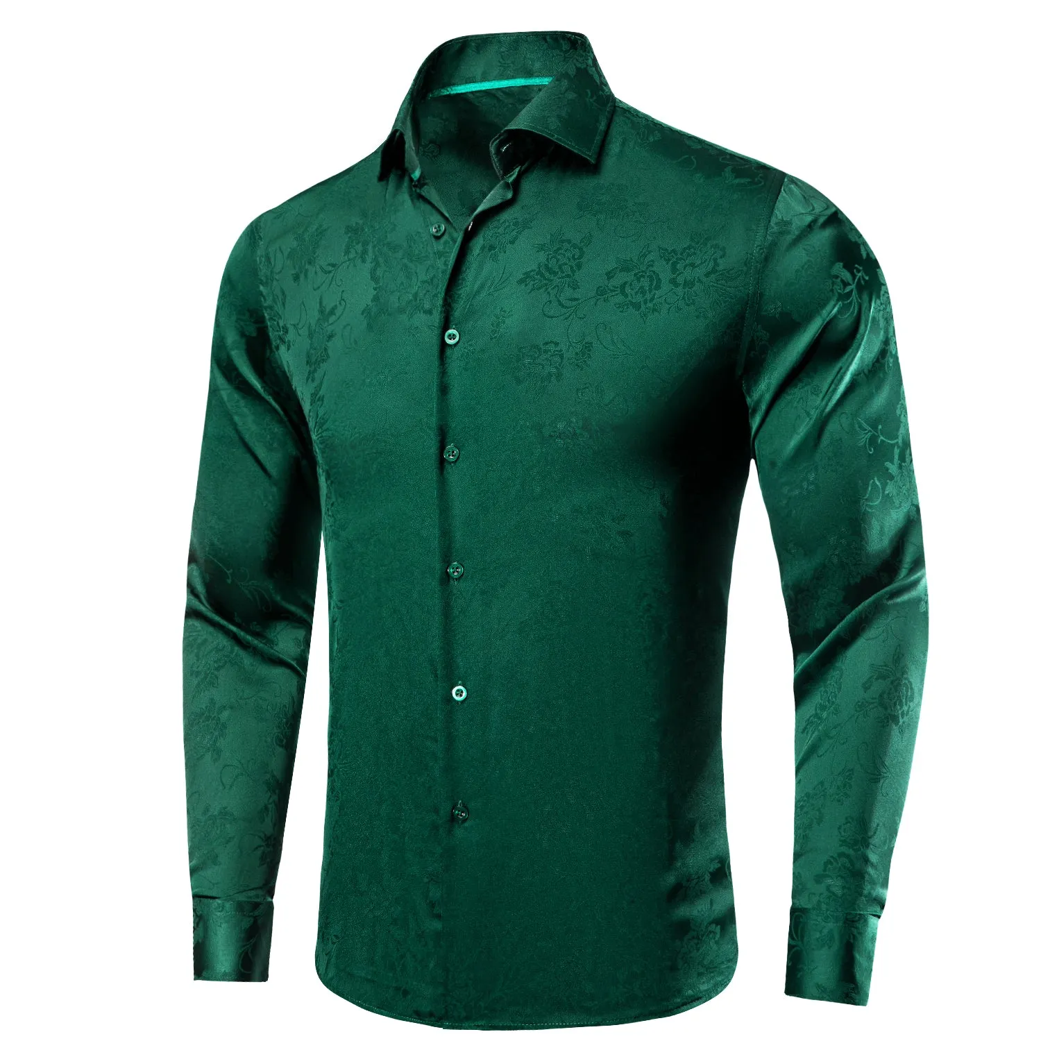 Hi-Tie Dark Green Satin Shirt Emerald Green Floral Silk Men's Shirt