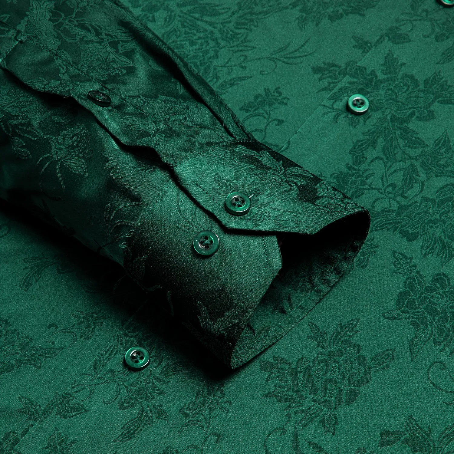 Hi-Tie Dark Green Satin Shirt Emerald Green Floral Silk Men's Shirt