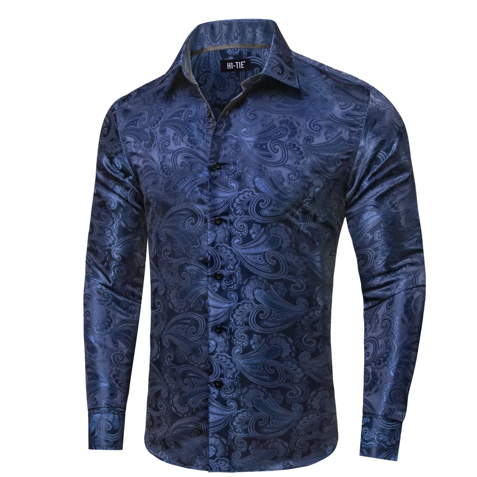 Hi-Tie Dark Midnight Blue Floral Pattern Silk Mens Long Sleeve Shirt