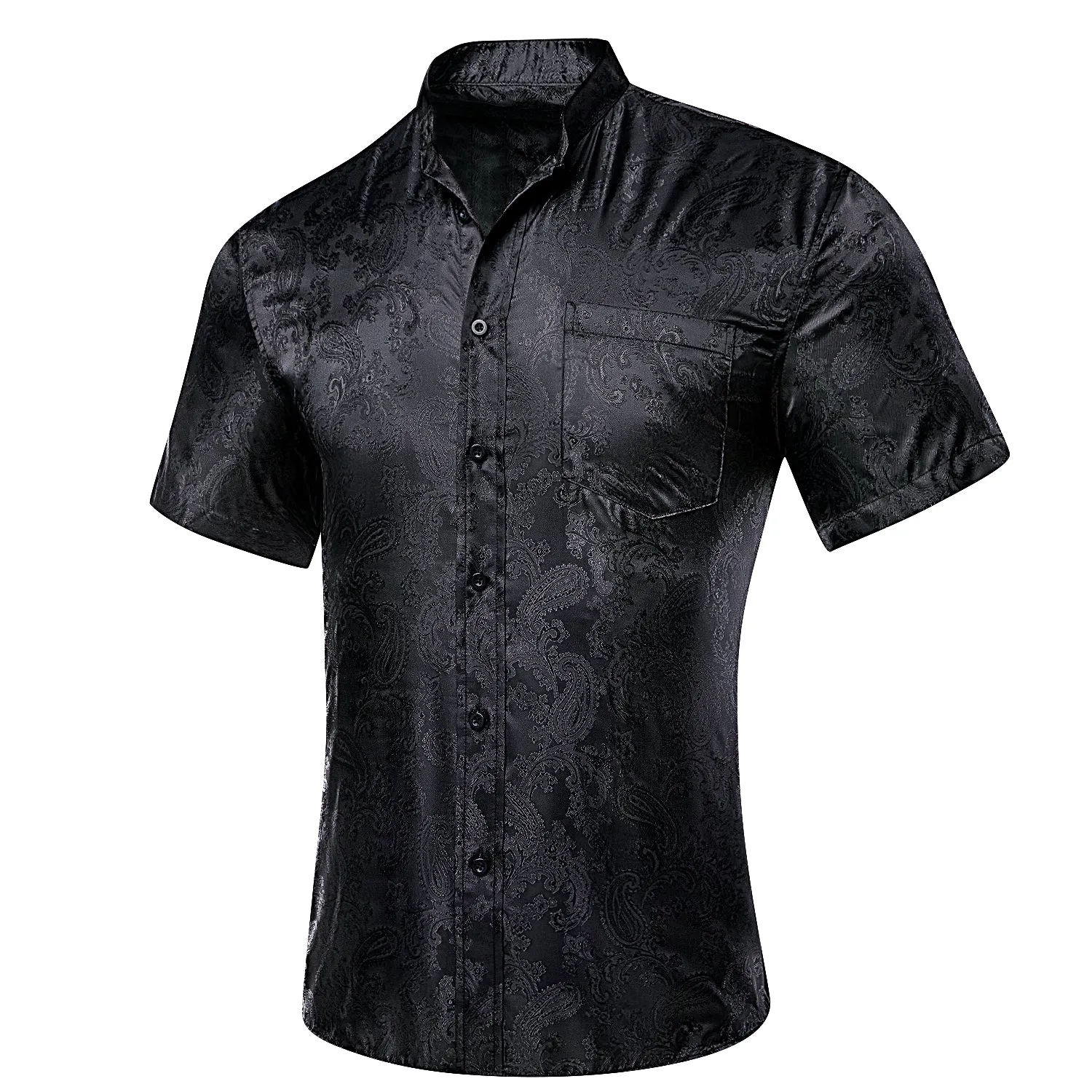 Hi-Tie Formal Top Black Jacquard Paisley Silk Men's Short Sleeve Shirt