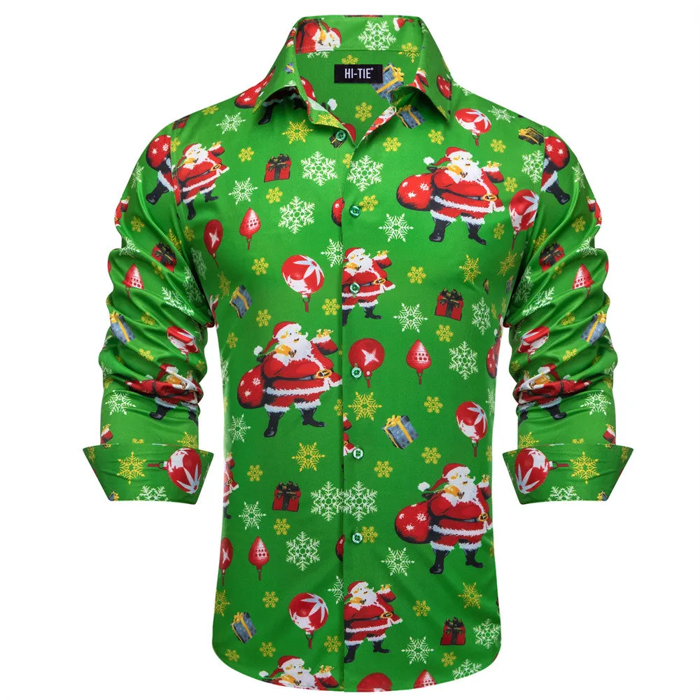 Hi-Tie Green Snow Santa Claus Christmas Silk Button-Down Long Sleeve Shirt