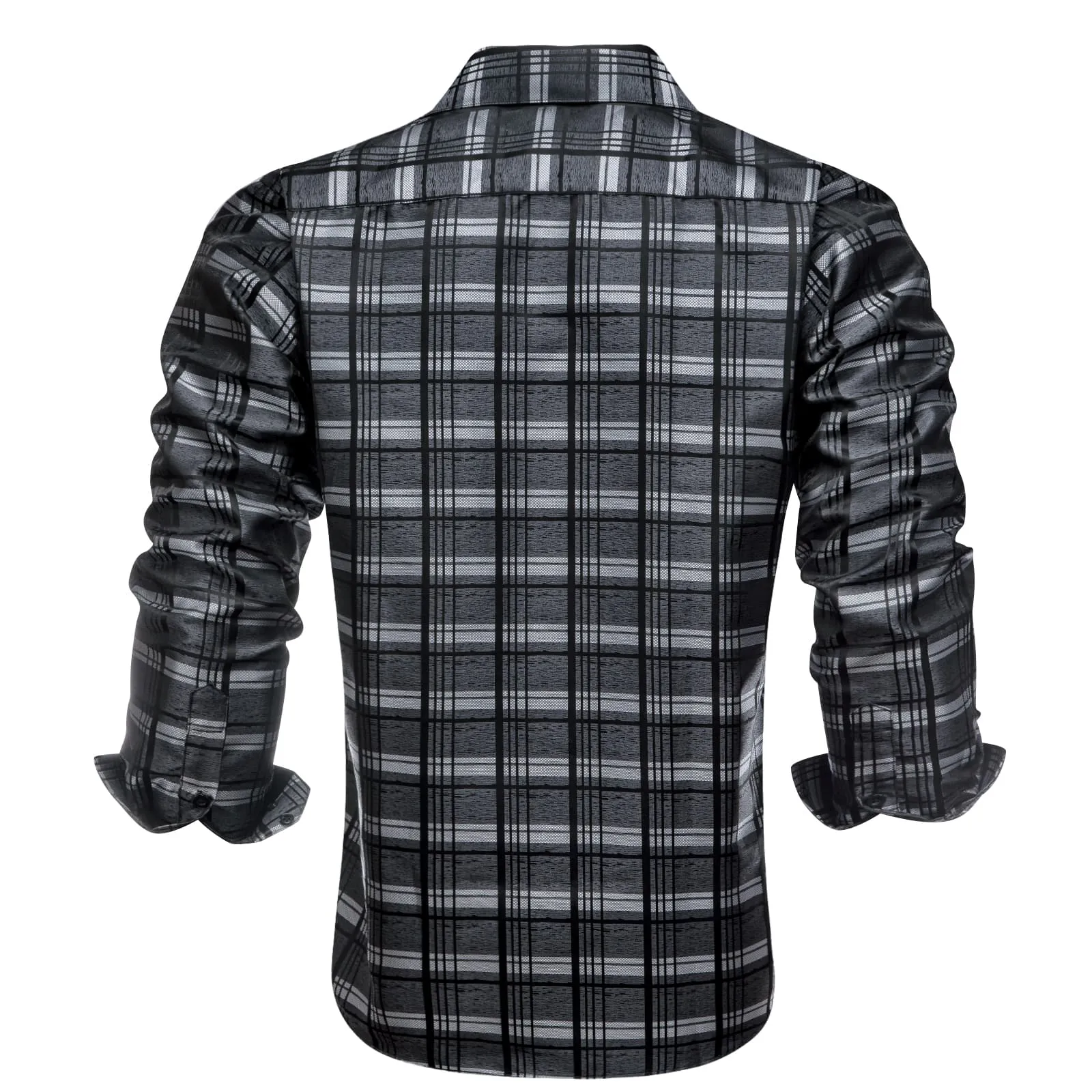 Hi-Tie Grey Shirts Black Checkered Plaid Men's Button Up Dress Shirt