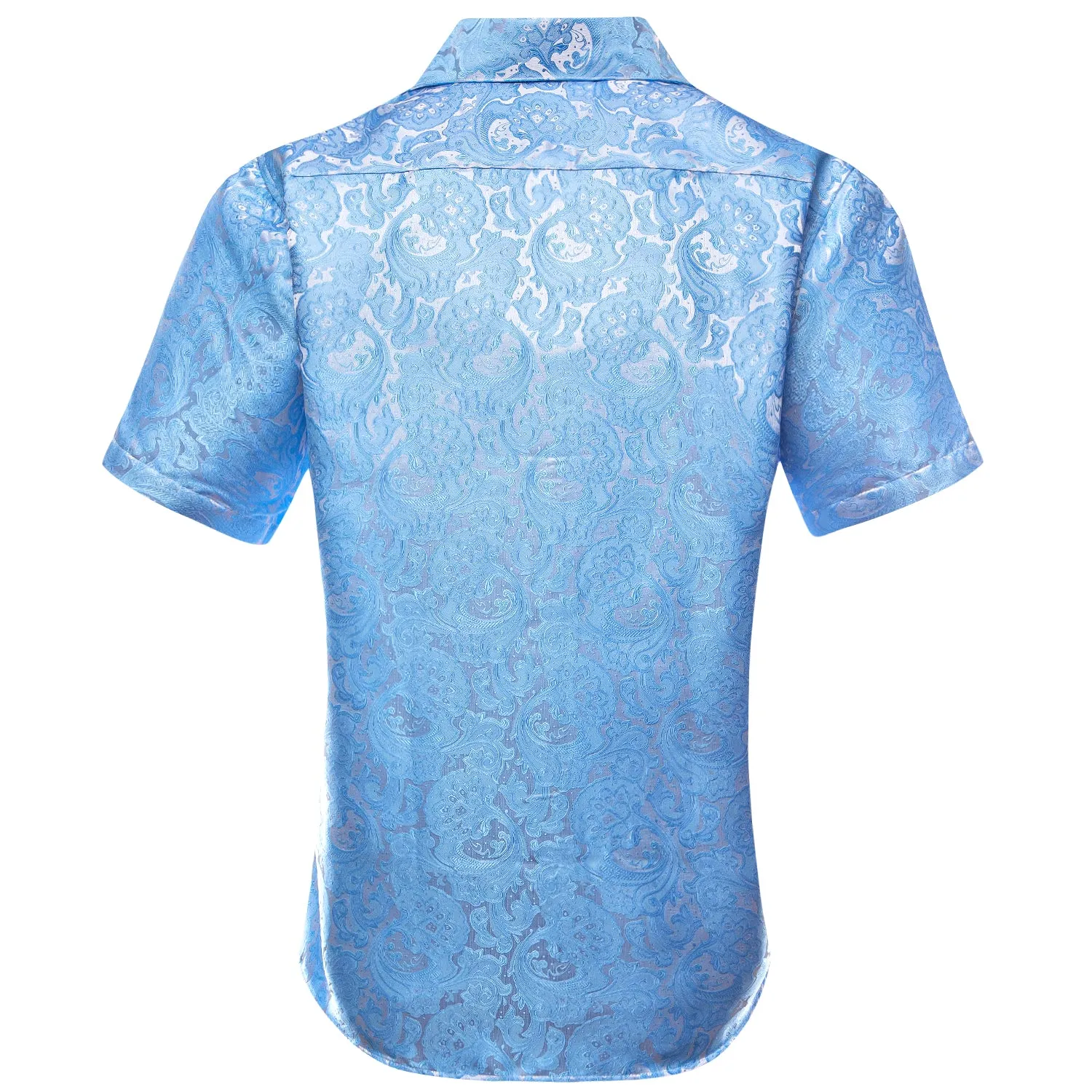 Hi-Tie Sky Blue Paisley Flower Mens Short Sleeve Windsor Collar Shirt