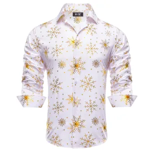 Hi-Tie White Golden Snowflake Men's Long Sleeve Shirt Christmas Top