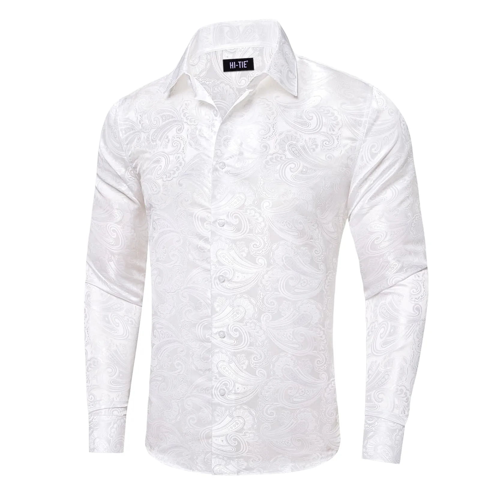 Hi-Tie White Paisley Wedding Silk Mens Long Sleeve Shirt