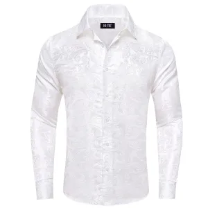 Hi-Tie White Paisley Wedding Silk Mens Long Sleeve Shirt