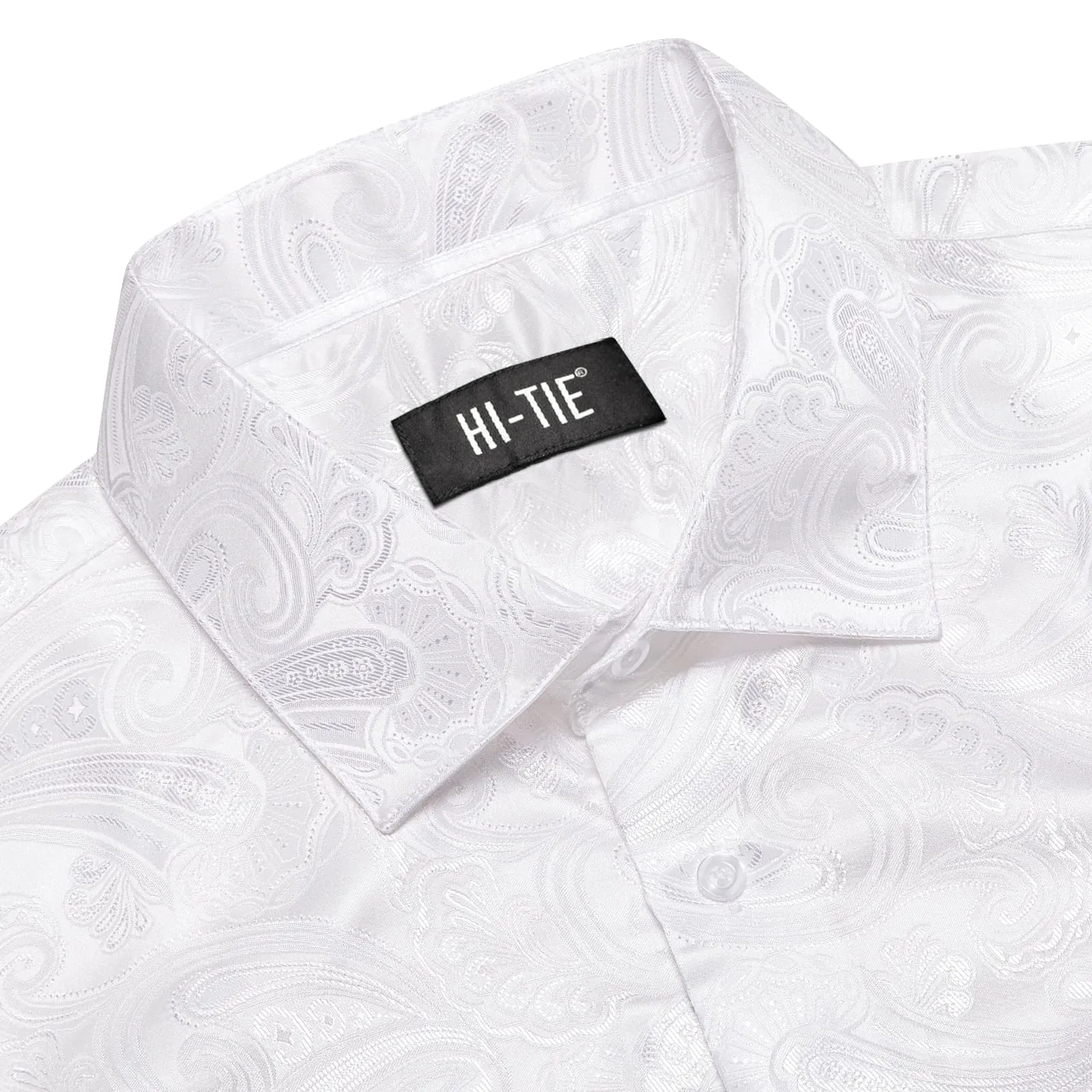 Hi-Tie White Paisley Wedding Silk Mens Long Sleeve Shirt