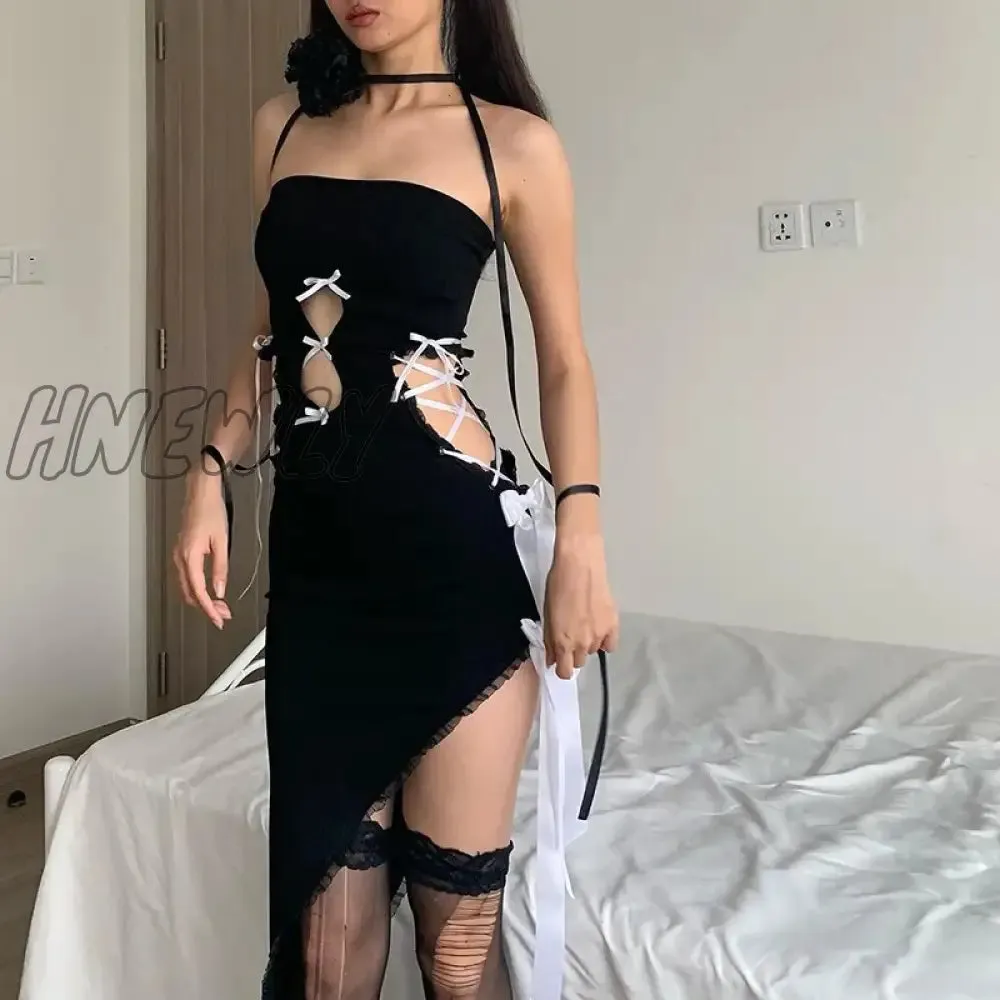 Hnewly Cut Out Bow Cute Y2k Party Mini Dresses Gothic Strapless Lace Sexy Tube Midi Dress Women Skew Hem Bodycon Club Outfits