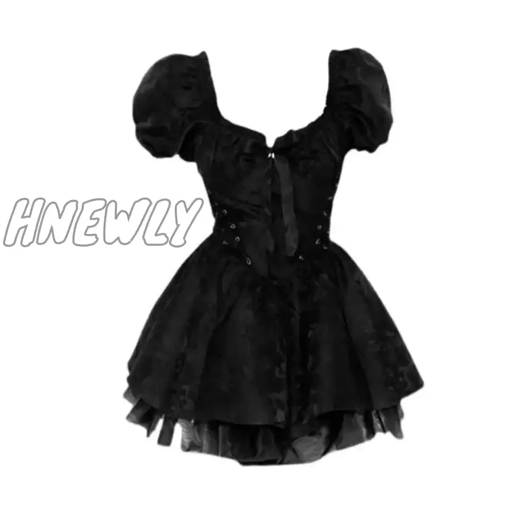 Hnewly Summer Black Gothic Mini Dress Women Short Sleeve Even Party Dress Female Casual Bodycon Lace Beach Sundress Female Chic