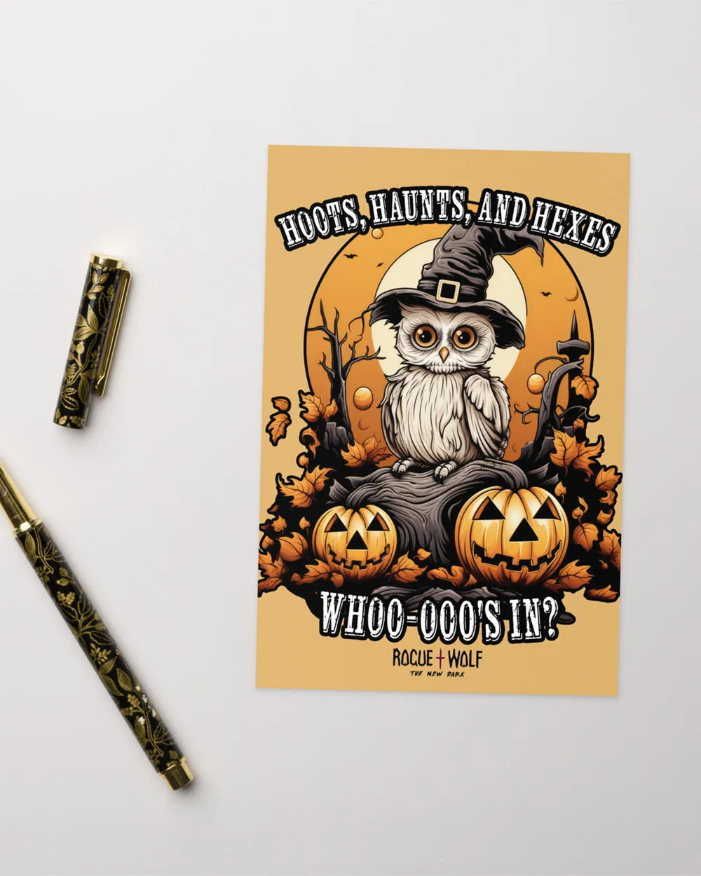 Hoots Haunts and Hexes Greeting Card with Envelope - Spooky Cute Postcard Gothic Halloween Gifts