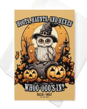 Hoots Haunts and Hexes Greeting Card with Envelope - Spooky Cute Postcard Gothic Halloween Gifts