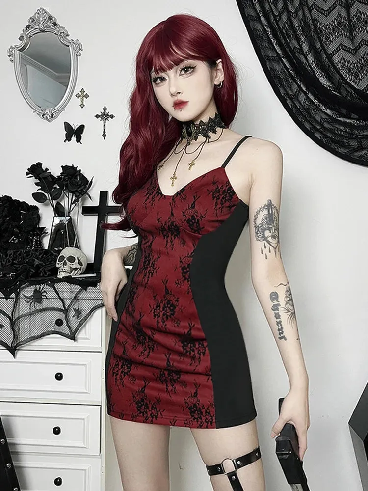 InsGoth Gothic Lace Harajuku Y2K Spaghetti Strap Bodycon Flare Sleeve Sexy Backless E-Girls Gothic Dress