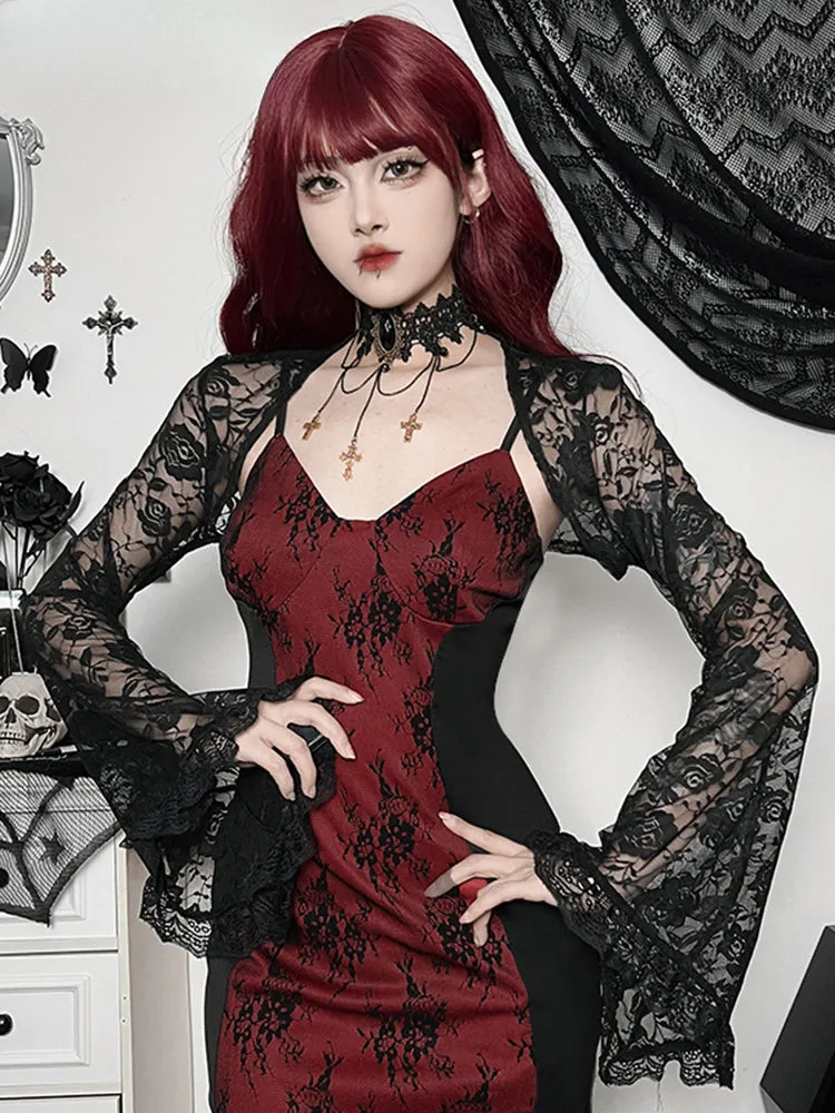 InsGoth Gothic Lace Harajuku Y2K Spaghetti Strap Bodycon Flare Sleeve Sexy Backless E-Girls Gothic Dress