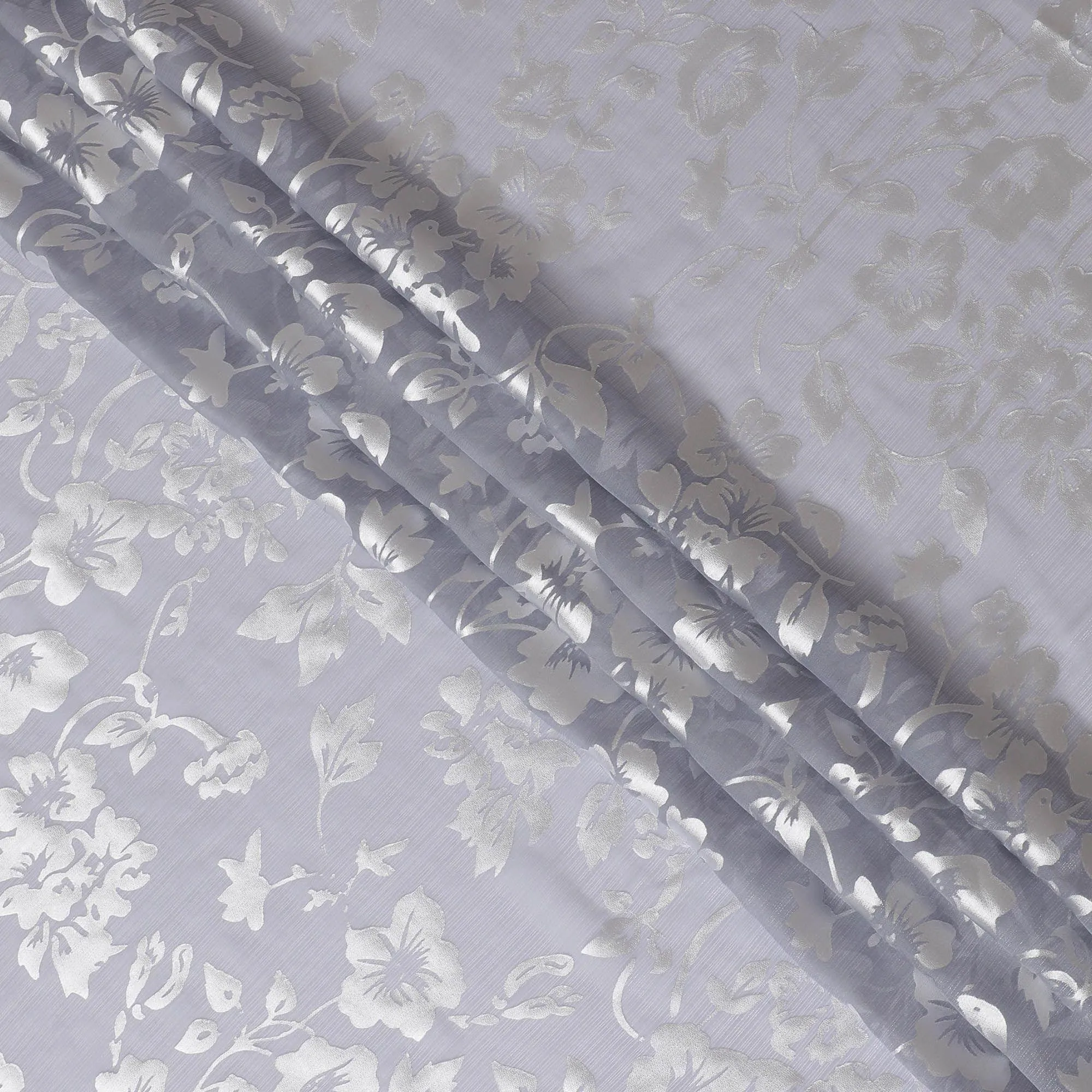 Iron grey Premim pure silk chiffon fabric with silver jacquard in floral design-D15315