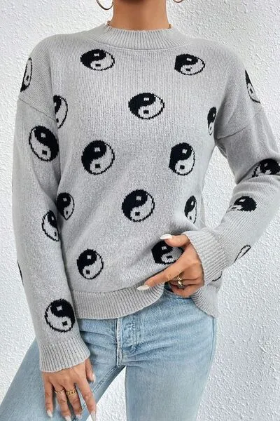 Katrina Graphic Mock Neck Dropped Shoulder Sweater | 3 Colors