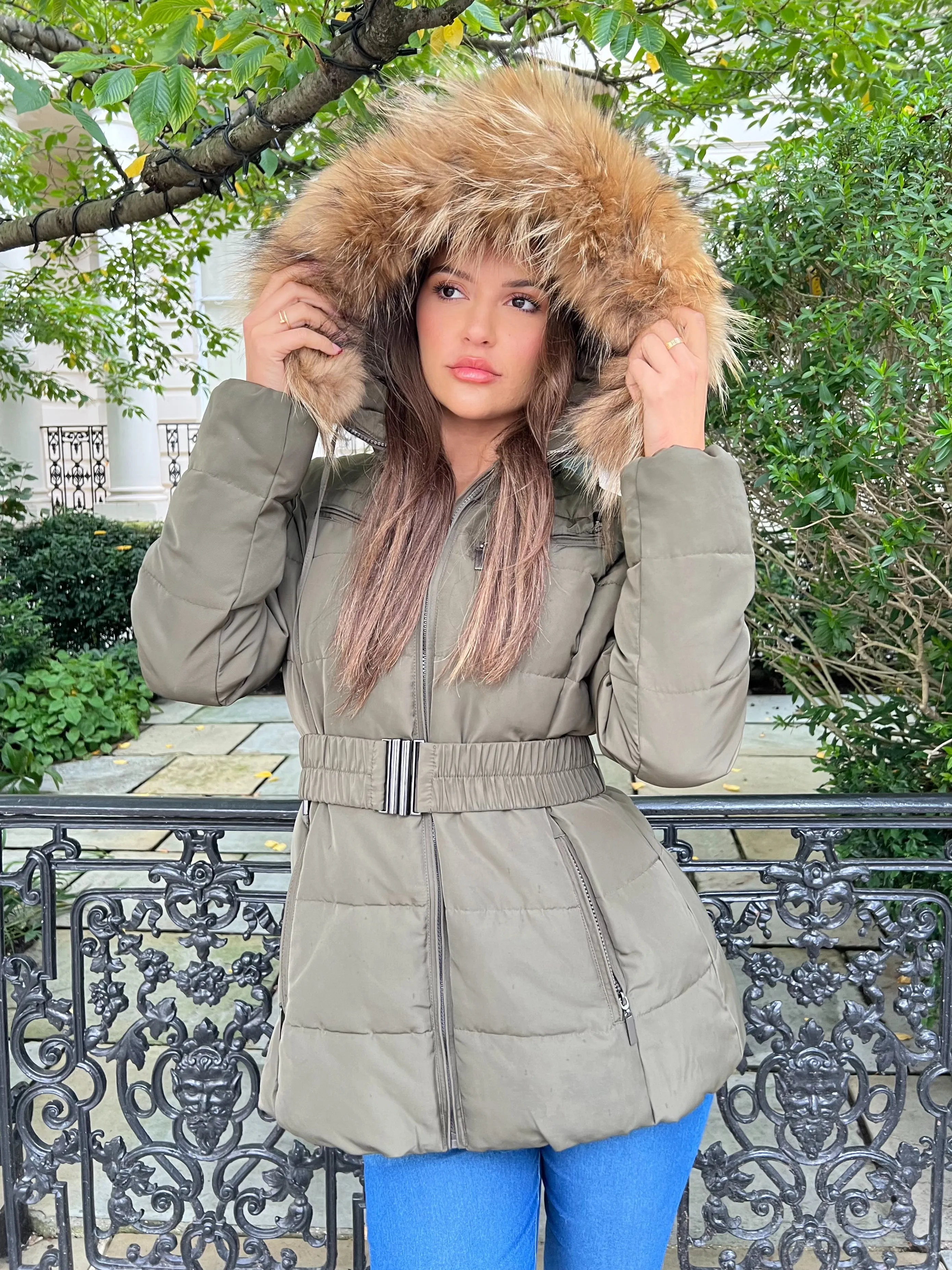 Khaki/Natural Fur Luxury Fur Padded Belted Coat