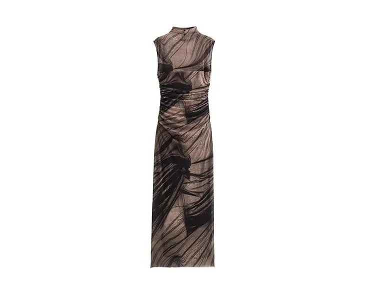 Ladyghost Smoke And Shadows Bodycon Maxi Dress - Women'S Sheer Mesh Layered Abstract Print Dress