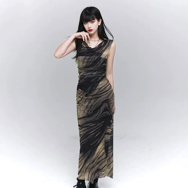 Ladyghost Smoke And Shadows Bodycon Maxi Dress - Women'S Sheer Mesh Layered Abstract Print Dress