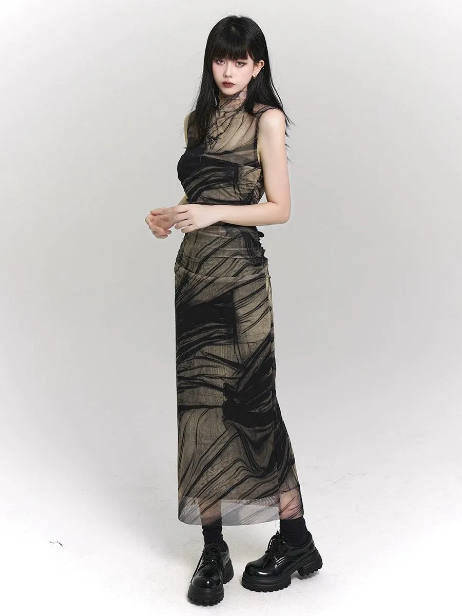 Ladyghost Smoke And Shadows Bodycon Maxi Dress - Women'S Sheer Mesh Layered Abstract Print Dress