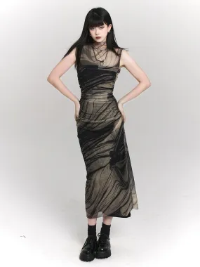 Ladyghost Smoke And Shadows Bodycon Maxi Dress - Women'S Sheer Mesh Layered Abstract Print Dress