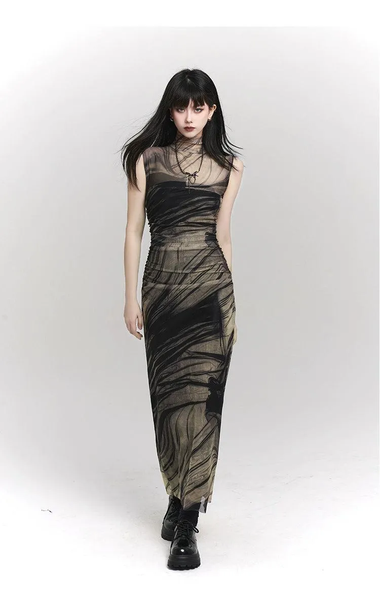 Ladyghost Smoke And Shadows Bodycon Maxi Dress - Women'S Sheer Mesh Layered Abstract Print Dress