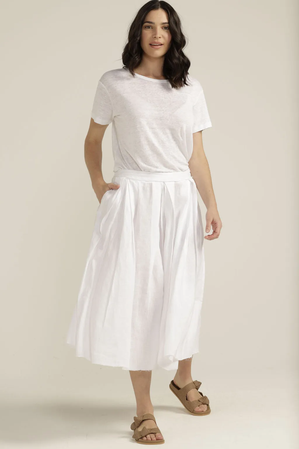 Linen Pleated Full Skirt White