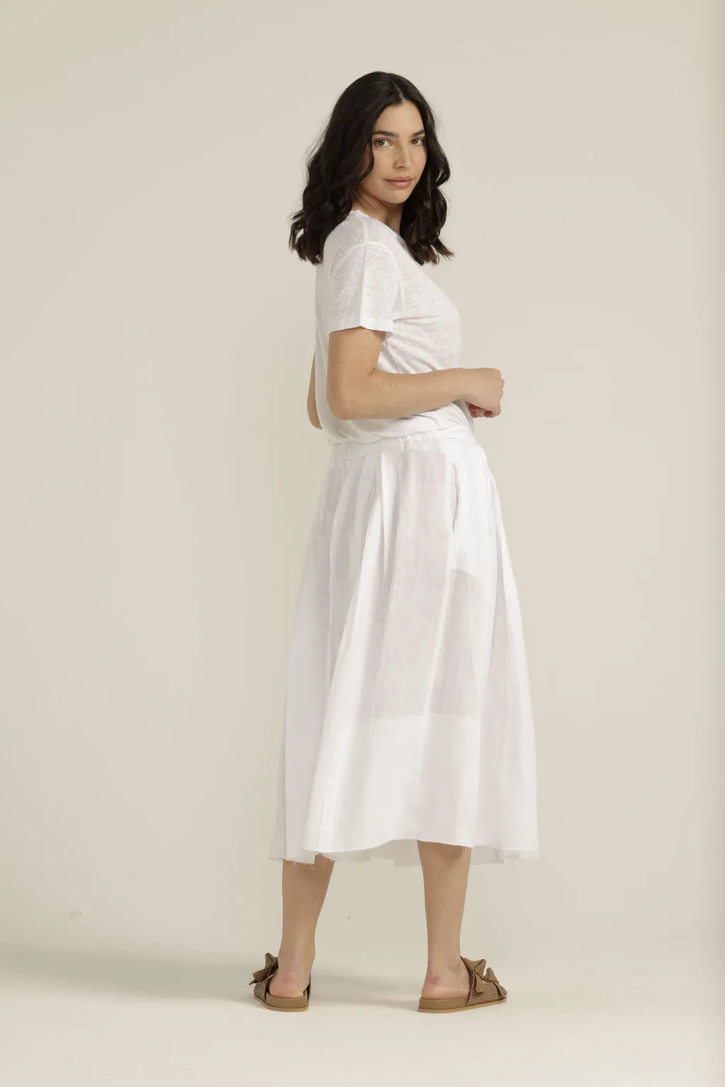 Linen Pleated Full Skirt White